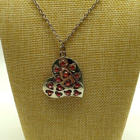 Silver-tone Heart Necklace Red Rhinestones - Picture 8 of 15